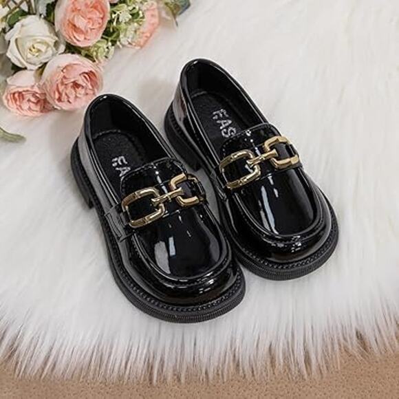 New Oamico Toddler Girls 13 Shiny Black Gold Buckle Slide On Loafer Dress Shoes - Picture 4 of 5